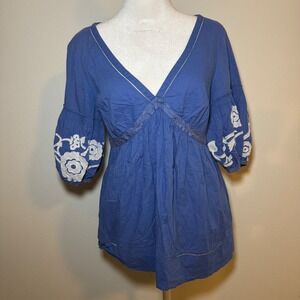 Lithe Anthropologie Blue Cotton Silk Trim Embroidered Floral Peasant Blouse 8